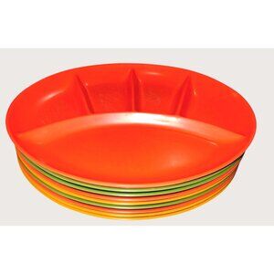 Vintage Divided Plastic MCM Plates 9 Orange Yellow Green 10" Round Durable Multi